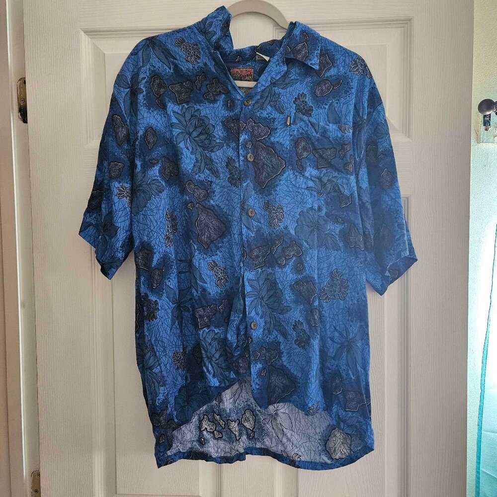 Vintage Pineapple Connection Blue Hawaiian Summer Shirt Men's Large
